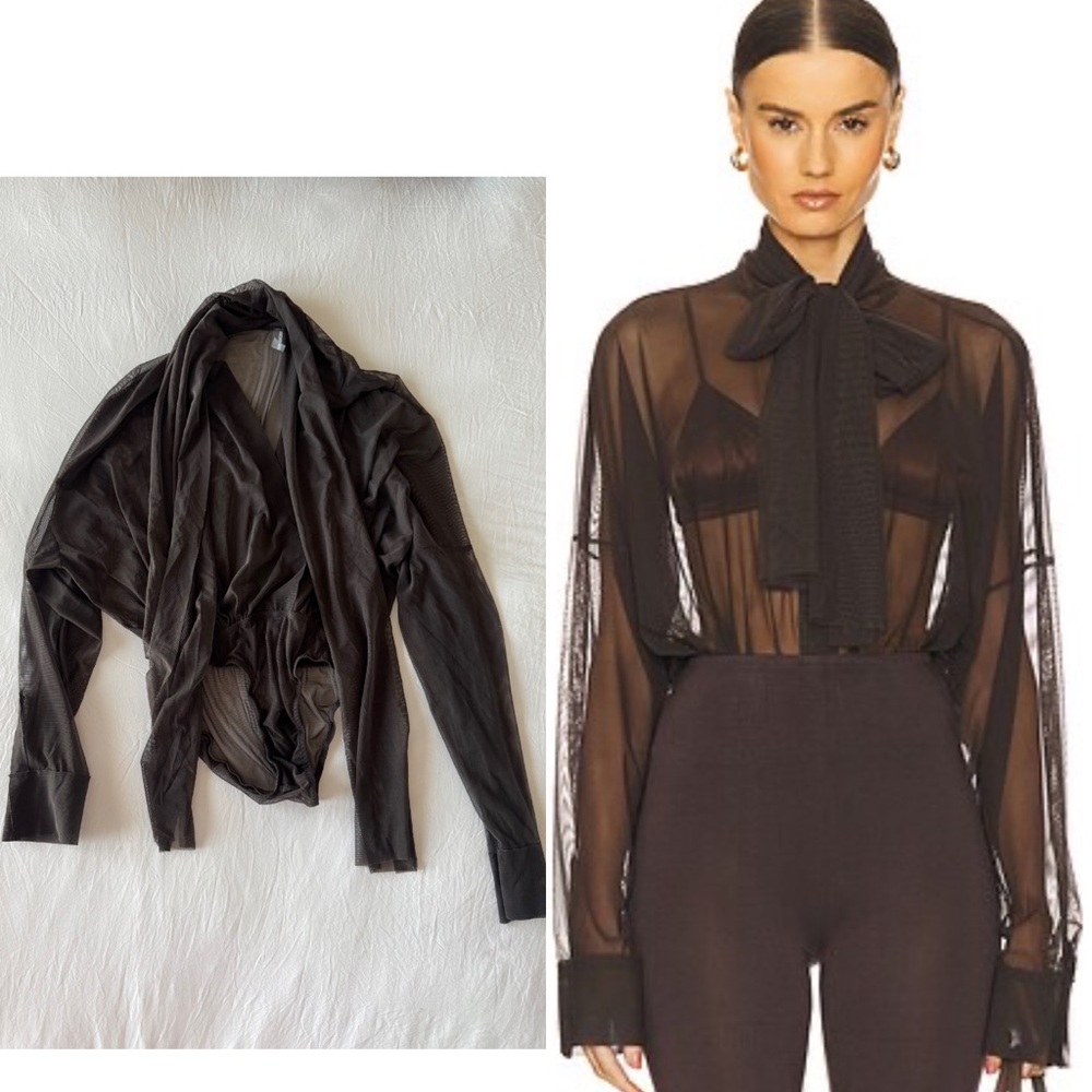 Norma Kamali Super Oversized Boyfriend Shirt Bow Bodysuit